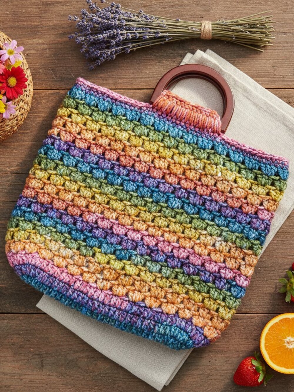 Boho Rainbow Crochet Handbag | Colorful Tote with Wooden Handles